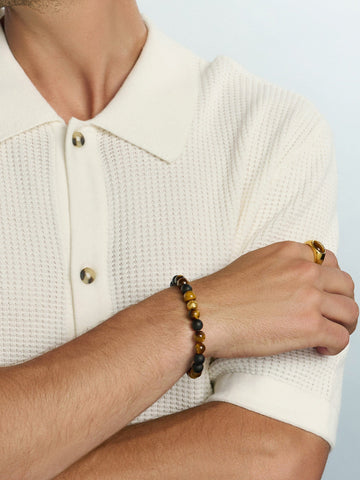 Nialaya Men's Beaded Bracelet Men's Wristband with Matte Onyx and Brown Tiger Eye Men's Wristband with Matte Onyx and Brown Tiger Eye